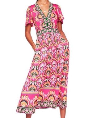 Boden Ellie Flutter Sleeve Maxi Tea Dress 6R Pink Paisley Stretch Boho Resort